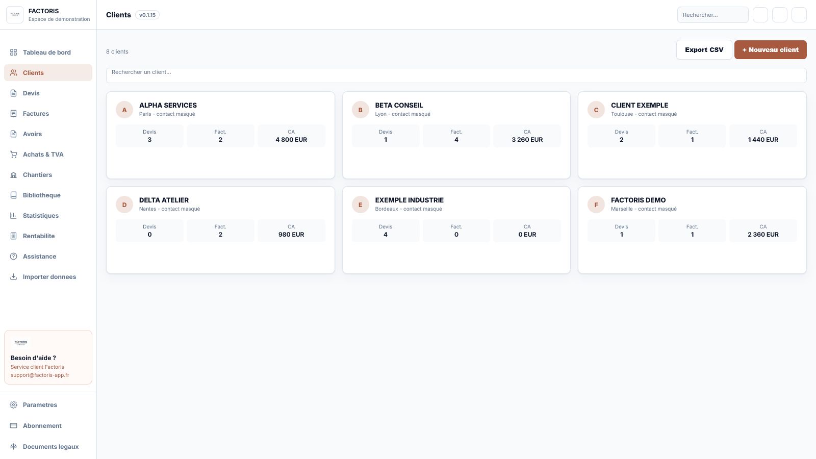 Liste d'exemple des clients dans Factoris