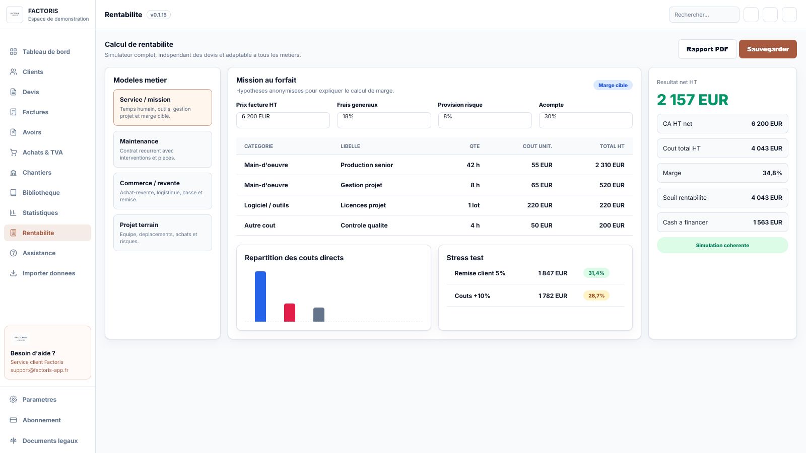 Capture d'exemple de la page rentabilite Factoris